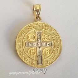 14k yellow Gold saint Benedict benito coin medallion Cross Pendant 1 inch 2side