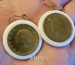 14kt Yellow Gold Italian Coin Milor Italy White Agate Onyx Dangle Drop Earrings