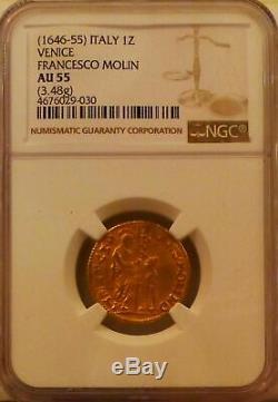 1646-1655 Italy 1Z Venice Gold Zecchino Molin Coin AU 55 NGC Free Shipping