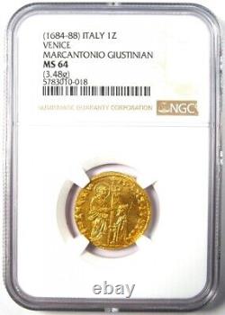 1684-1688 Italy Venice Giustinian Gold Christ Zecchino 1Z Ducat NGC MS64 BU
