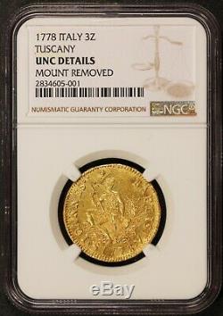 1778 Italy Tuscany 3 Zecchino Ruspone Gold Coin NGC UNC Details RARE C# 28