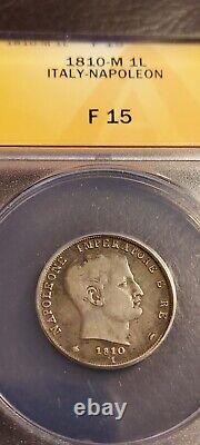 1810 M Napolean Bonepart 1 Lira Silver Coin ANACS Fine 15 King of Italy
