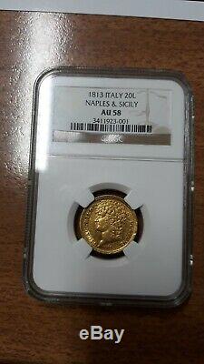 1813 Gioacchino Napoleone Murat 20 lire Italy GOLD NGC AU58. Extremely rare