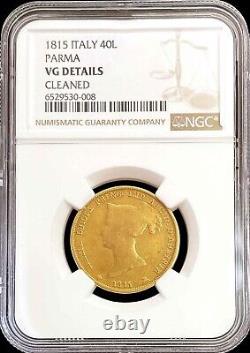 1815 Gold Parma Italy 40 Lire Duchy Maria Luigia Crowned Arms Coin Ngc Vg Detail