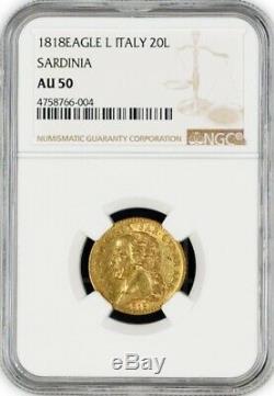 1818 Eagle L 20 Lire Gold Sardinia Italian States Vittorio Emanuele I NGC AU50