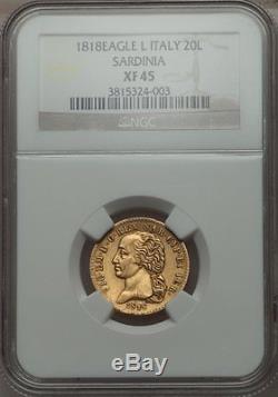 1818 Gold 20 Lire Italy Sardinia, Very Scarce, Ngc Xf-45