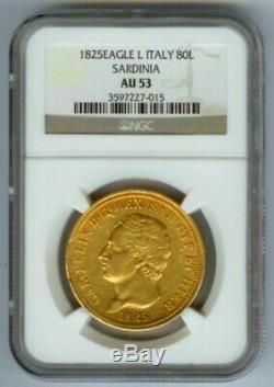 1825 L Gold Sardinia Italy 80 Lire Ngc About Uncirculated 53 Rare