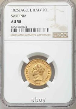 1826 Eagle L Gold Coin Sardinia Italy 20 Lire King Carlo Felice KM# 118.1 AU58