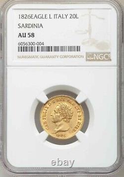 1826 Eagle L Gold Coin Sardinia Italy 20 Lire King Carlo Felice KM# 118.1 AU58
