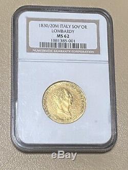 1830/20m Lombardy Italy Venetia 1 Sovrano Gold Ngc Ms 62 Rare Coin