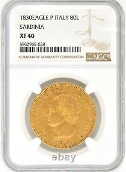 1830 Eagle P Italy 80 Lira Sardinia World Gold Coin NGC XF KM#123 Italian States