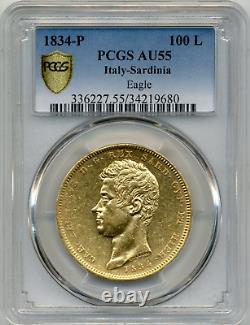 1834-P 100 Lire Italy-Sardinia Gold Coin, Carlo Alberto PCGS AU55
