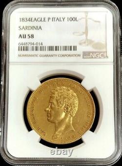 1834 P Gold Sardinia Italian States 100 Lire Carlo Alberto Ngc Au 58 Turin Mint