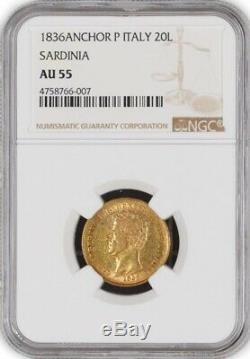 1836 Anchor P 20 Lire Gold Sardinia Italian States Carlo Alberto NGC AU55
