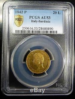 1842 P ITALY Sardinia 20L GOLD. 900 gold. 186 toz PCGS AU 53