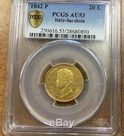 1842 P ITALY Sardinia 20L GOLD. 900 gold. 186 toz PCGS AU 53