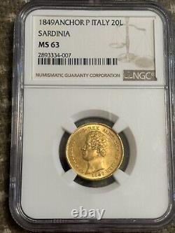 1849A Sardinia, Charles Albert I. Gold 20 Lire Coin. NGC MS63! 100000 Mintage! R