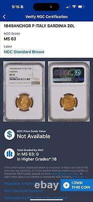 1849A Sardinia, Charles Albert I. Gold 20 Lire Coin. NGC MS63! 100000 Mintage! R