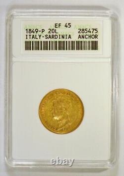 1849-P Italy-Sardinia 20 Lire Gold Coin with Carlo Alberto, Certified XF45 ANACS