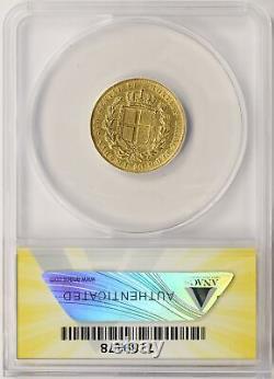 1849-P Italy Sardinia Anchor Gold 20 Lire ANACS AU50 Details Polished