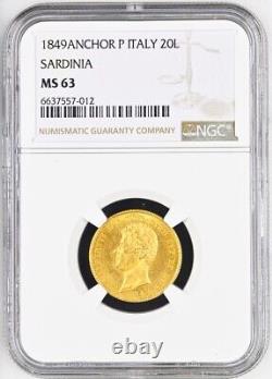 1849, Sardinia, Charles Albert I. Gold 20 Lire Coin. Low Pop! (6.45gm) NGC MS63