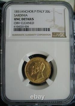 1851 Anchor P Italy Sardinia Gold 20 Lire NGC-UNC Details
