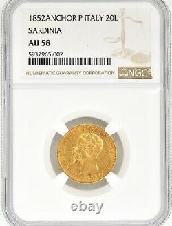 1852 Anchor P Italy 20 Lire Sardinia AU58 Gold Coin KM# 146.2 Emmanuel ii