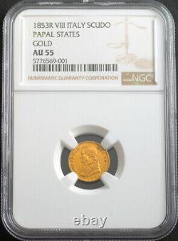 1853, Vatican, Pope Pius IX. Gold Scudo Romano Coin. (1.72gm!) NGC AU-55