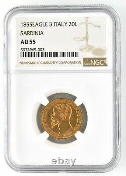 1855 B Italy Sardinia Eagle Gold Coin Certified NGC AU 55 KM# 146.1 Bullion UNC