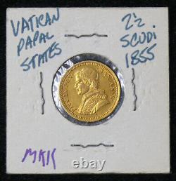 1855 Xr Vatican Gold 2 1/2 Scudi Coin Uncirculated Gorgeous Italy Papal Coin