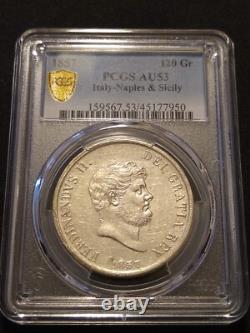 1857 italy naples sicily 120 grana pcgs au53 about uncirculated gold shield coin