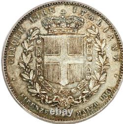 1861 Italy 5 Lire, PCGS AU 50, Rare & Seldom Offered, Accession of King