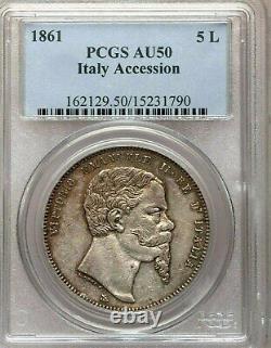 1861 Italy 5 Lire, PCGS AU 50, Rare & Seldom Offered, Accession of King