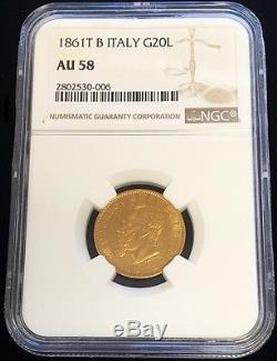 1861 T B In Shield Gold Italy 20 Lire Ngc About Uncirculated 58 Mintage 3,267