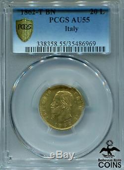 1862-T BN Italy 20 Lire Gold (. 900) Coin PCGS Certified AU-55 KM #10.1