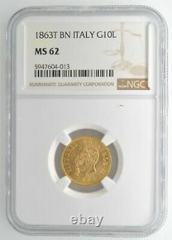 1863T BN Italy 10 Lire Gold Coin NGC MS 62 KM# 9.2 Vittorio Emanuele II Low POP