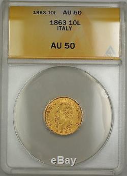 1863 Italy 10L Lire Gold Coin ANACS AU-50