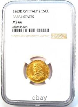 1863 Italy Papal States Pius IX Gold 2.5 Scudi Coin NGC MS66 (Gem BU) Rare