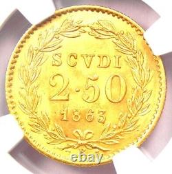 1863 Italy Papal States Pius IX Gold 2.5 Scudi Coin NGC MS66 (Gem BU) Rare