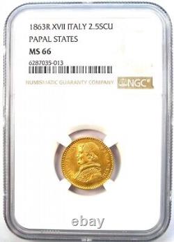 1863 Italy Papal States Pius IX Gold 2.5 Scudi Coin NGC MS66 (Gem BU) Rare