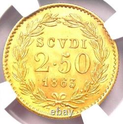 1863 Italy Papal States Pius IX Gold 2.5 Scudi Coin NGC MS66 (Gem BU) Rare