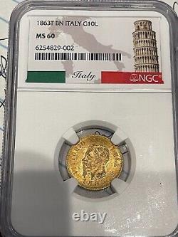 1863 Italy Victor Emmanuel II Gold 10 Lire NGC MS60, own a piece of history