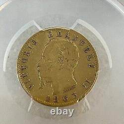 1863-T BN 20 L Gold VF35 Torino Italy Victoria Emanuele II Regno Gnumismatist