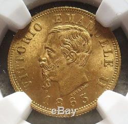 1863 T Bn Gold Italy 10 Lire Vittorio Emanuele II Coin Ngc Mint State 63