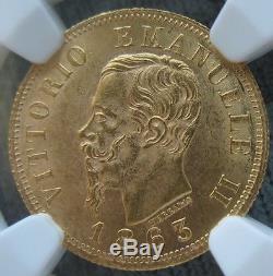 1863 T BN Italy Gold 10 Lire NGC MS-64 18.5mm