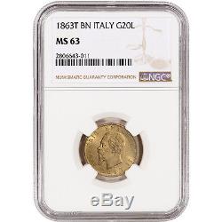 1863 T BN Italy Gold 20 Lire NGC MS63