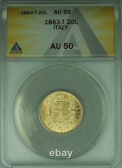1863-T Italy 20 Lira Gold Coin ANACS AU-50