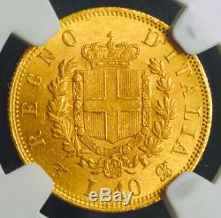 1863-T, Kingdom of Italy, Victor Emmanuel II. Gold 10 Lire Coin. NGC MS-63