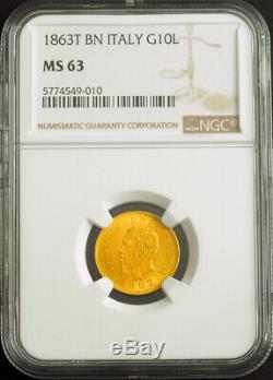 1863-T, Kingdom of Italy, Victor Emmanuel II. Gold 10 Lire Coin. NGC MS-63