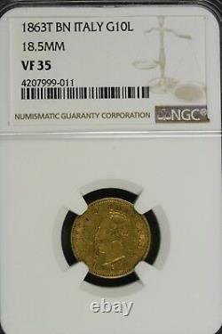 1863 T Ngc Vf35 Bn Gold Italy 10 Lire Vittorio Emanuele II Coin! #b11536